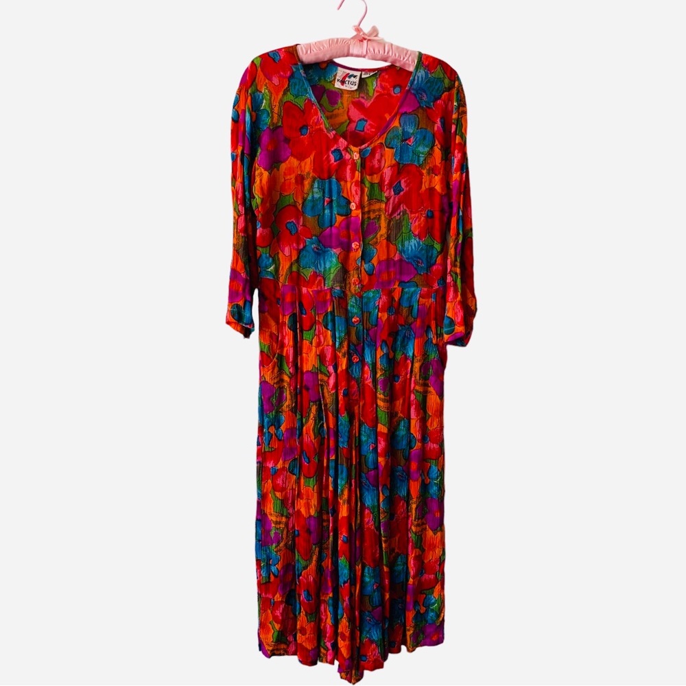VINTAGE KACTUS RED FLORAL LONG-SLEEVE JUMPSUIT WITH POCKETS